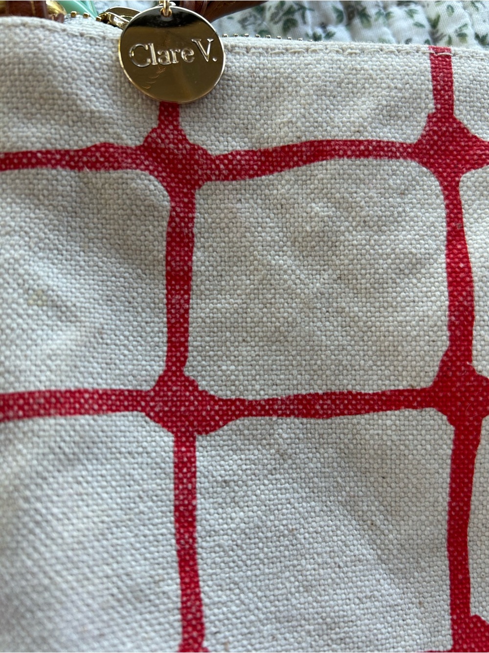 Clare V cream and red grid clutch with mint Green Chunky Chain Strap - Picture 4 of 5